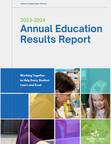 Text reads Northern Lights Public Schools 2023-2024 Annual Education Results Report, Working Together to Help Every Student Learn and Excel. There is a picture of a teacher smiling at a young student.